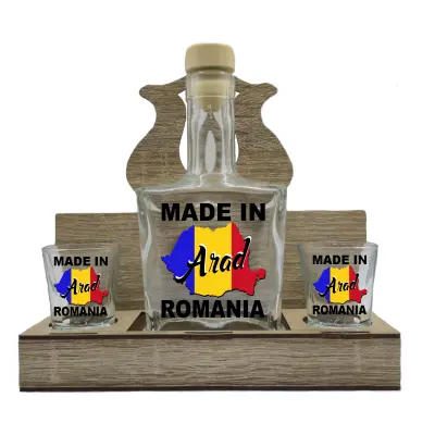 Made in arad romania, suport din lemn cu sticla si 2 pahare, model hgs027